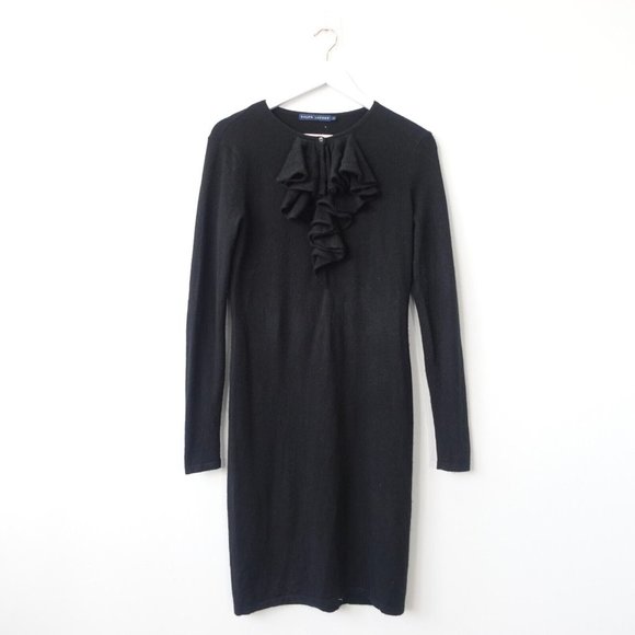 Vintage RALPH LAUREN Black Cashmere Dress Women Medium Sweater Ruffle Keyhole 90 - Picture 1 of 11